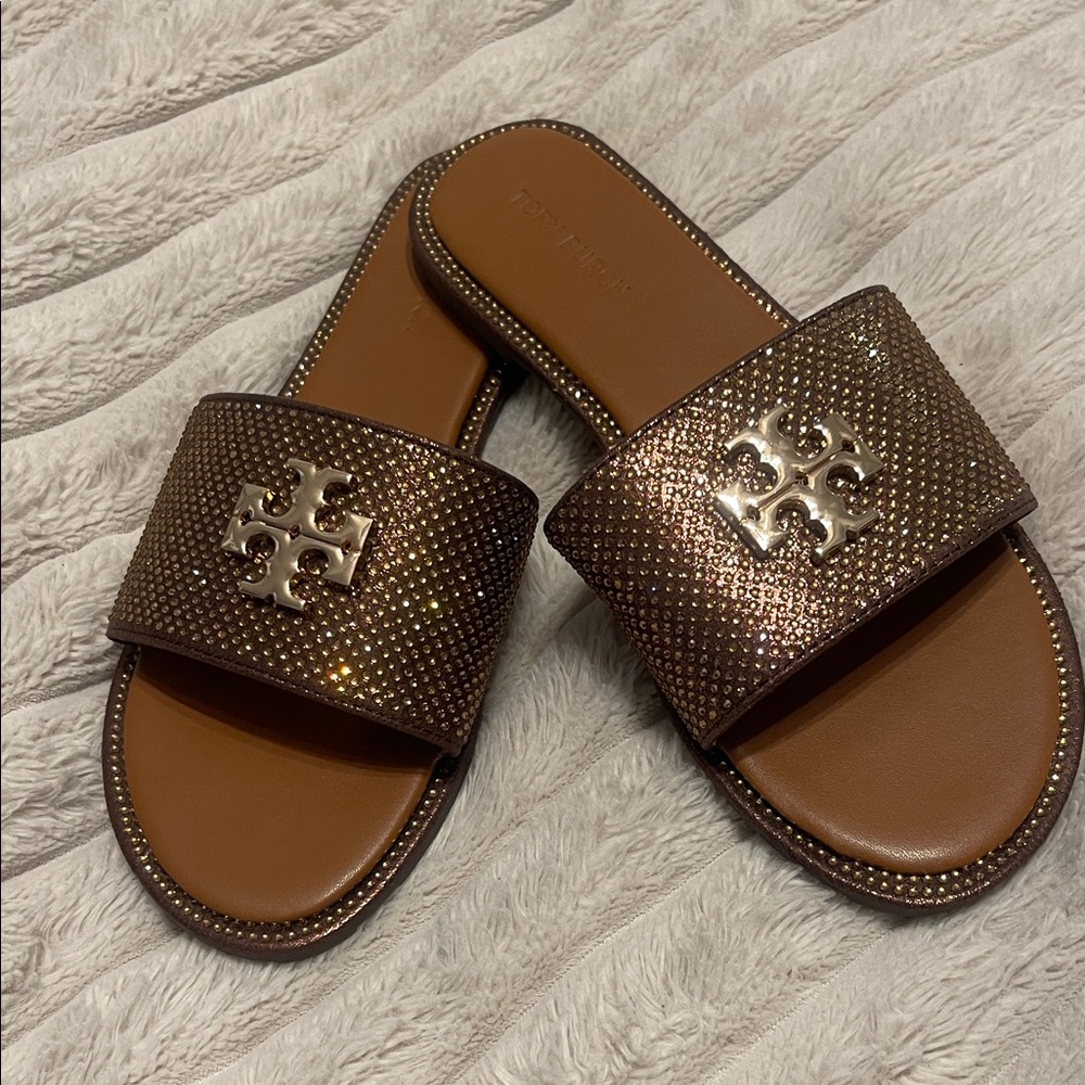 Tory Burch Glittering Brown Slides with Gold Emblem